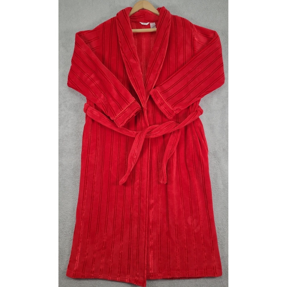 Adonna Red Plush Ribbed Fleece Bathrobe Shawl Collar Belted Long Wrap Robe